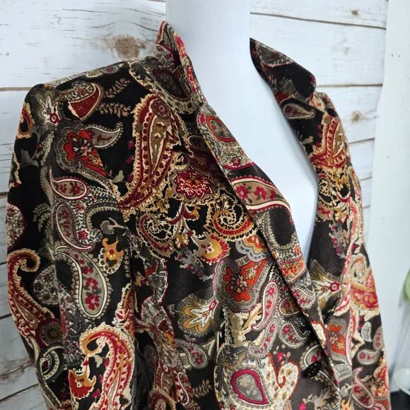Talbots Velvet Blazer Womens 8P Black Red Paisley Silk Blend Lined Party Jacket - Picture 2 of 12